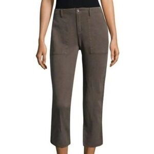 Joie Linen Blend Fray Hem Stud Detail Straight Leg Cropped Pants Army Green Sz 8